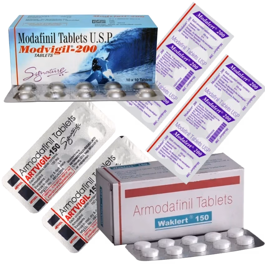 Modafinil products including Modalert, Modvigil, Waklert, and Artvigil tablets