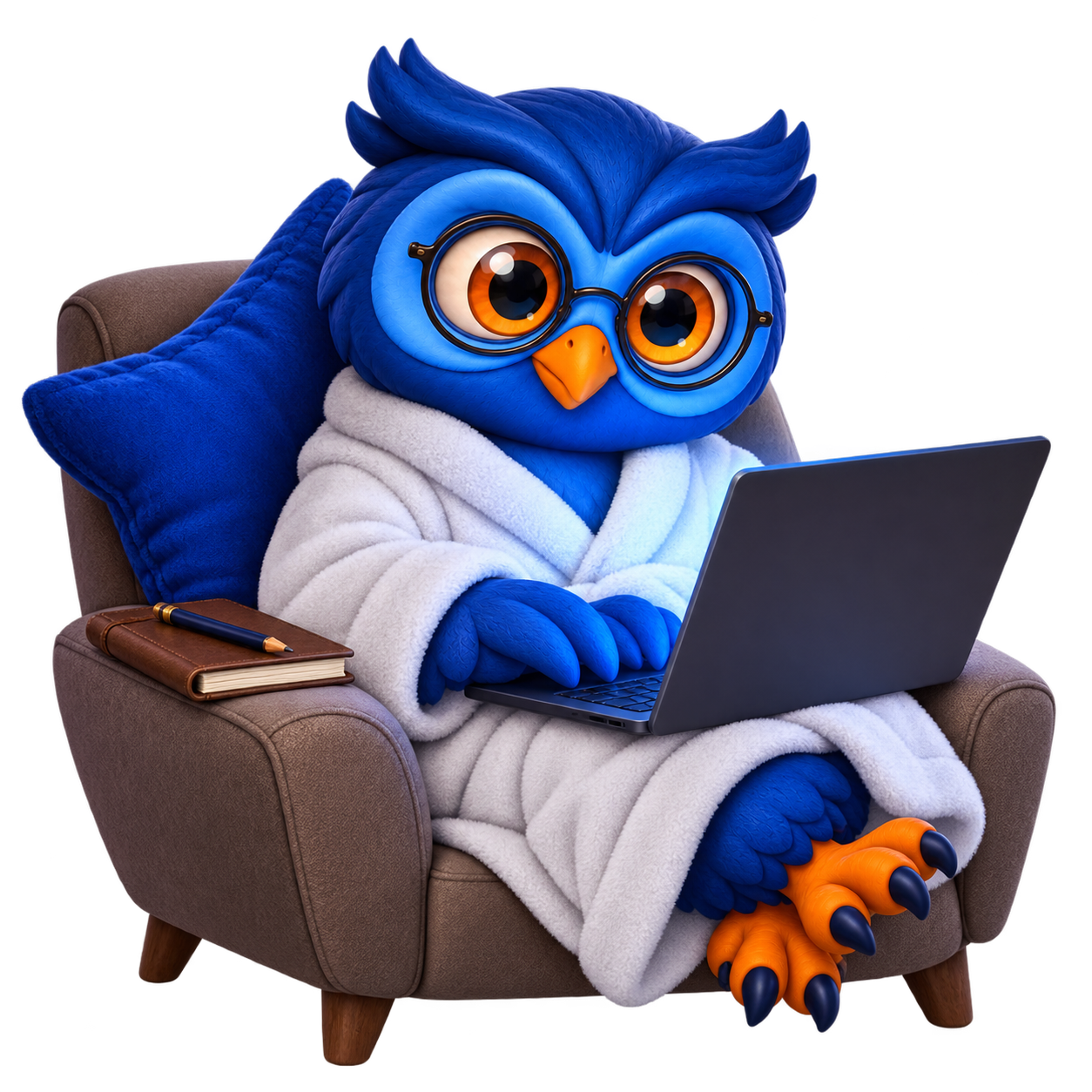 Blue owl wearing glasses, seated in an armchair with a laptop